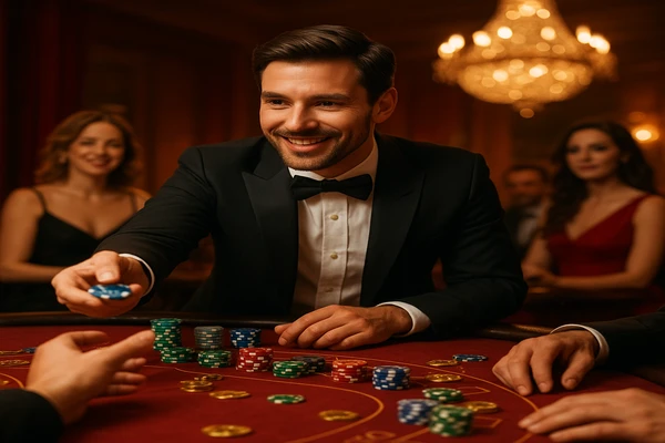 আলো ঝলমলে গেমিং পরিবেশে একজন আত্মবিশ্বাসী ডিলার ব্যবহারকারীদের bd111 অ্যাকাউন্টে নিরাপদে প্রবেশের জন্য আমন্ত্রণ জানাচ্ছেন।